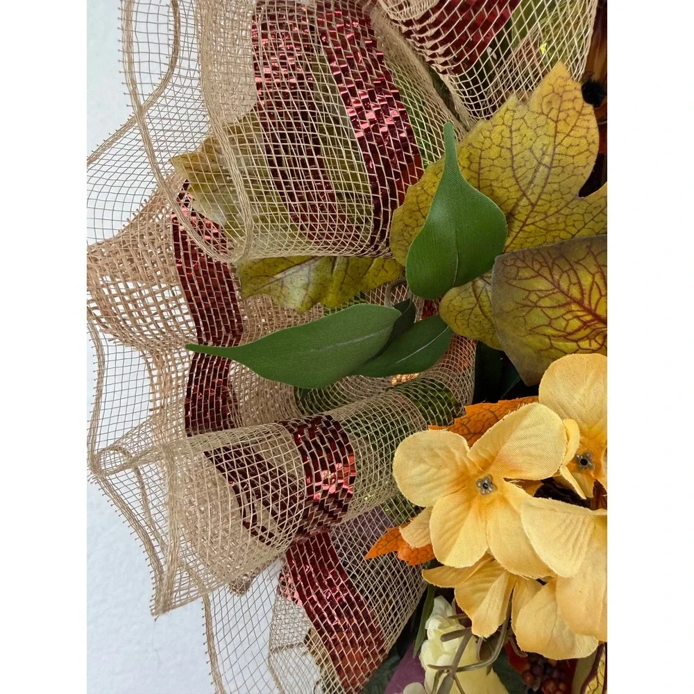 Handmade Fall Floral Wreath Orange Rose Burlap Deco Mesh Autumn Front Door Decor